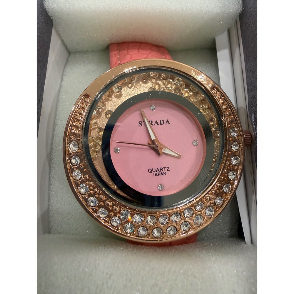 Strada Womens Pink Dial Rose Gold Tone Rhinestone Floating Crystal Quartz Watch - Picture 2 of 4
